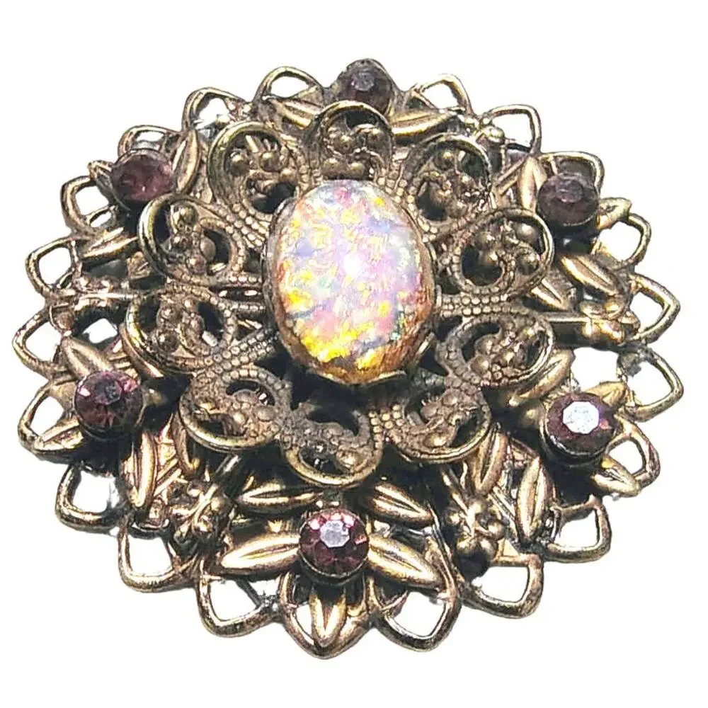 1950s Aurora Borealis Pink Opalescent Confetti Gold Tone MCM Vintage Brooch